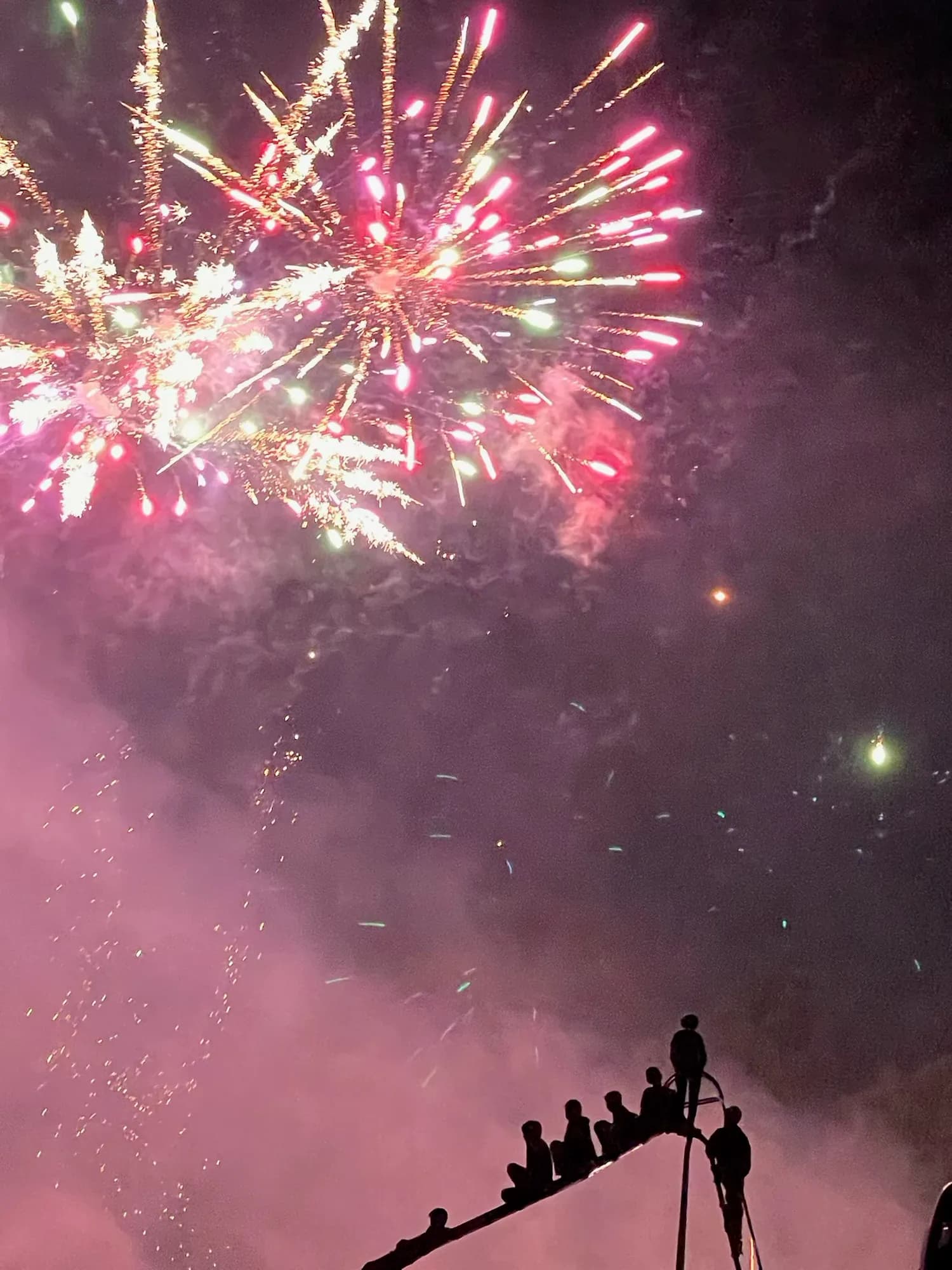 Pink fireworks over spectators watching the show